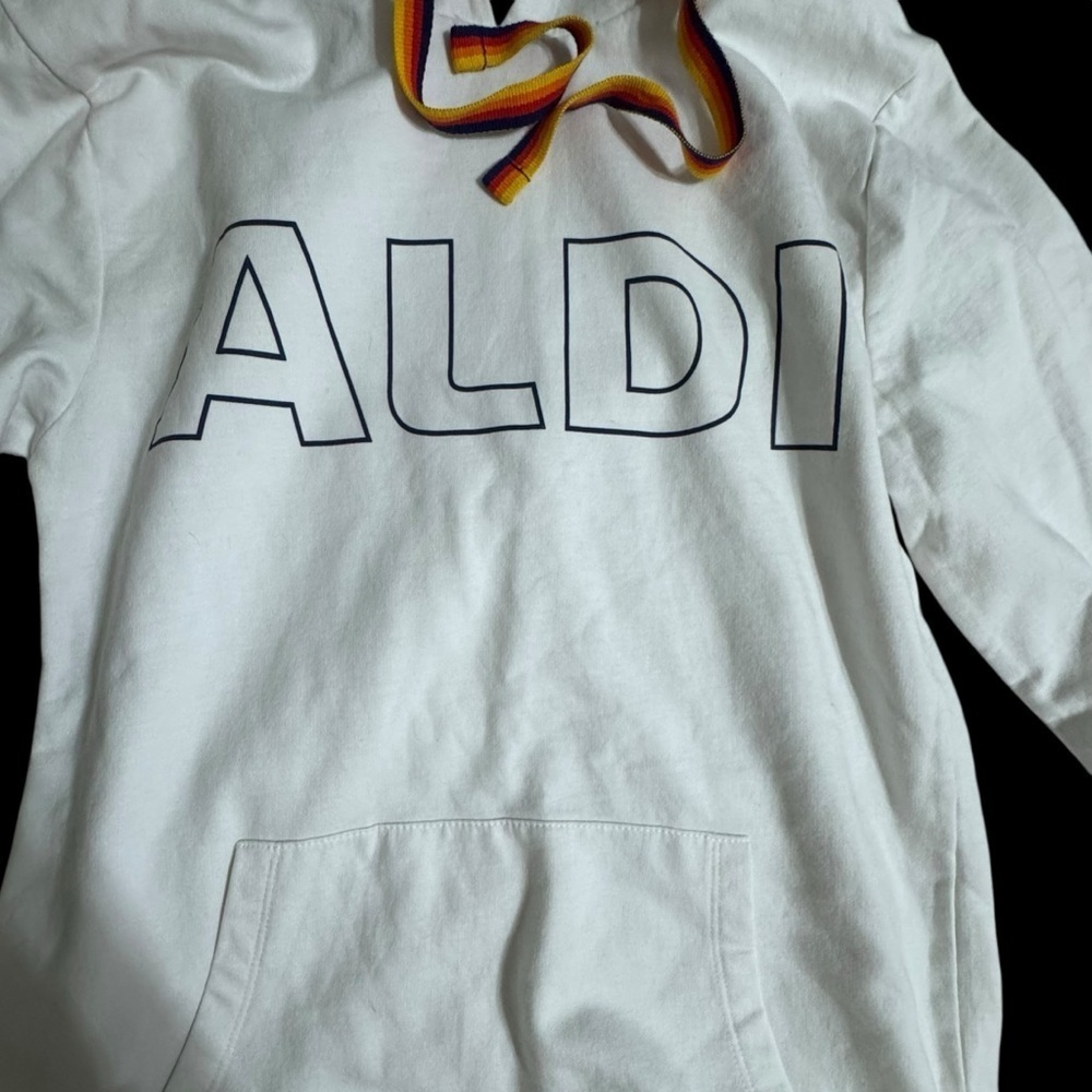 White ALDI Hoodie with Rainbow Drawstrings